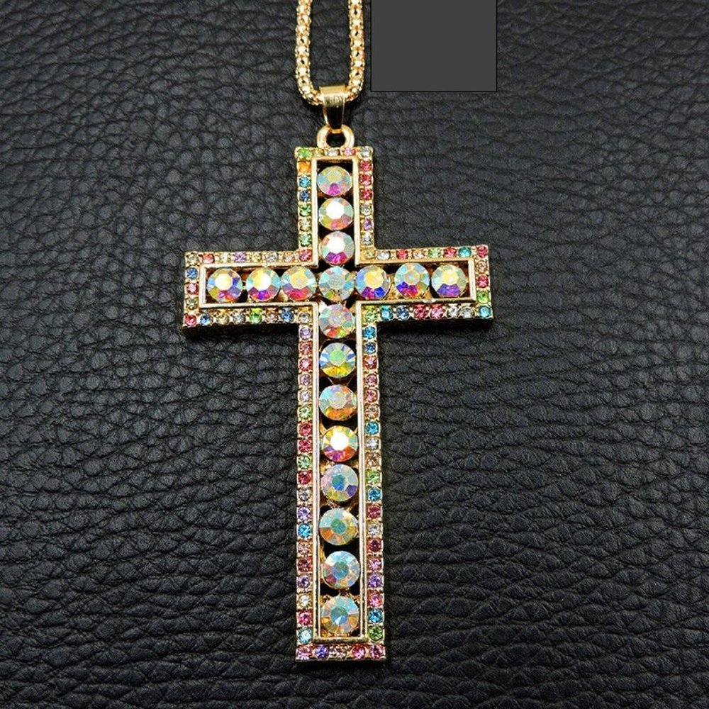 Colorful Rhinestone Cross Gold Pendant Crystal - Picture 3 of 3